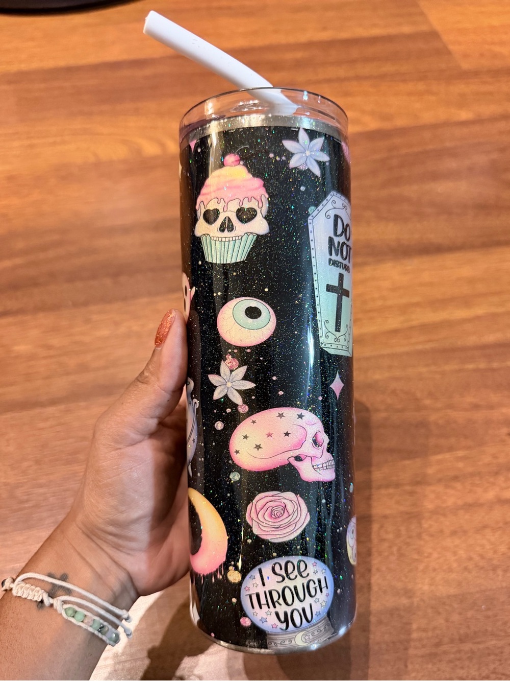 20 oz Halloween Glitter Skinny Tumbler w/ Straw - Skull Ghost Coffin Goth